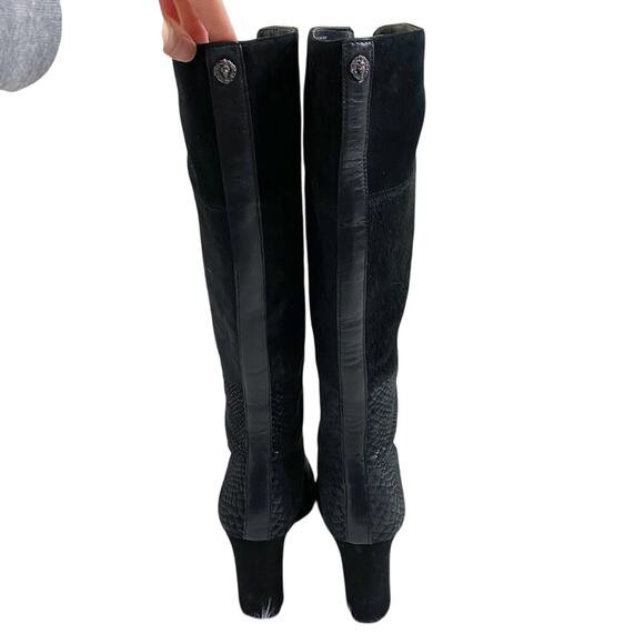 Anne Klein Black Suede & Leather Patchwork Heeled Boots Front Zip Almond Toe 10 - Picture 5 of 10